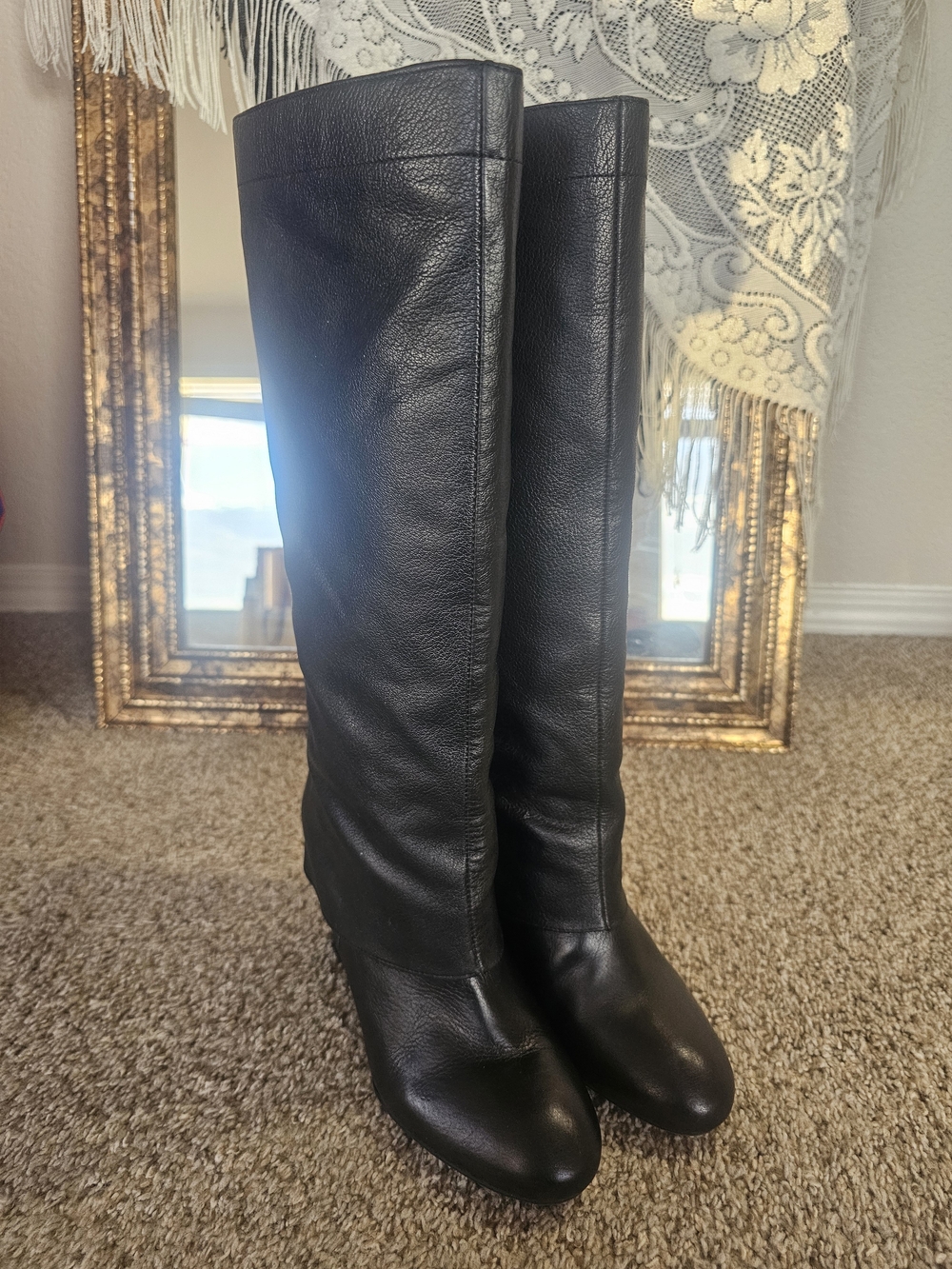 Steve Madden Black Leather Boot Cut Wedge Boots - Picture 6 of 10